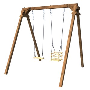 Soulet Holzschaukel Ambre mit Kindersitz und Babyschaukel, braunes Holz.
