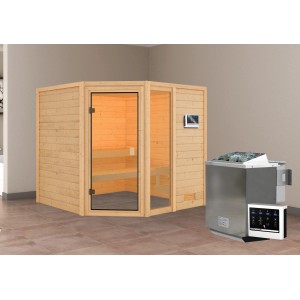 Karibu Sauna Tabea mit Bio-Ofen und Eckeinstieg aus Holz und Glas.