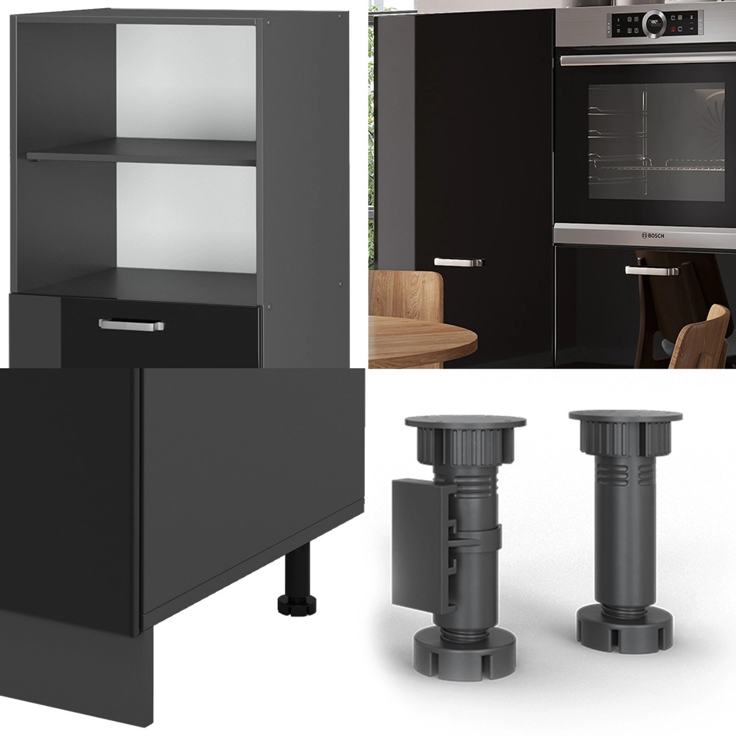 Vicco R-Line Küchenblock 180cm in Schwarz Hochglanz/Anthrazit, Details und verstellbare Füße.