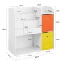 Weißes Kinder Bücherregal mit 5 Fächern und bunten Aufbewahrungsboxen. Ideal als Spielzeugregal.