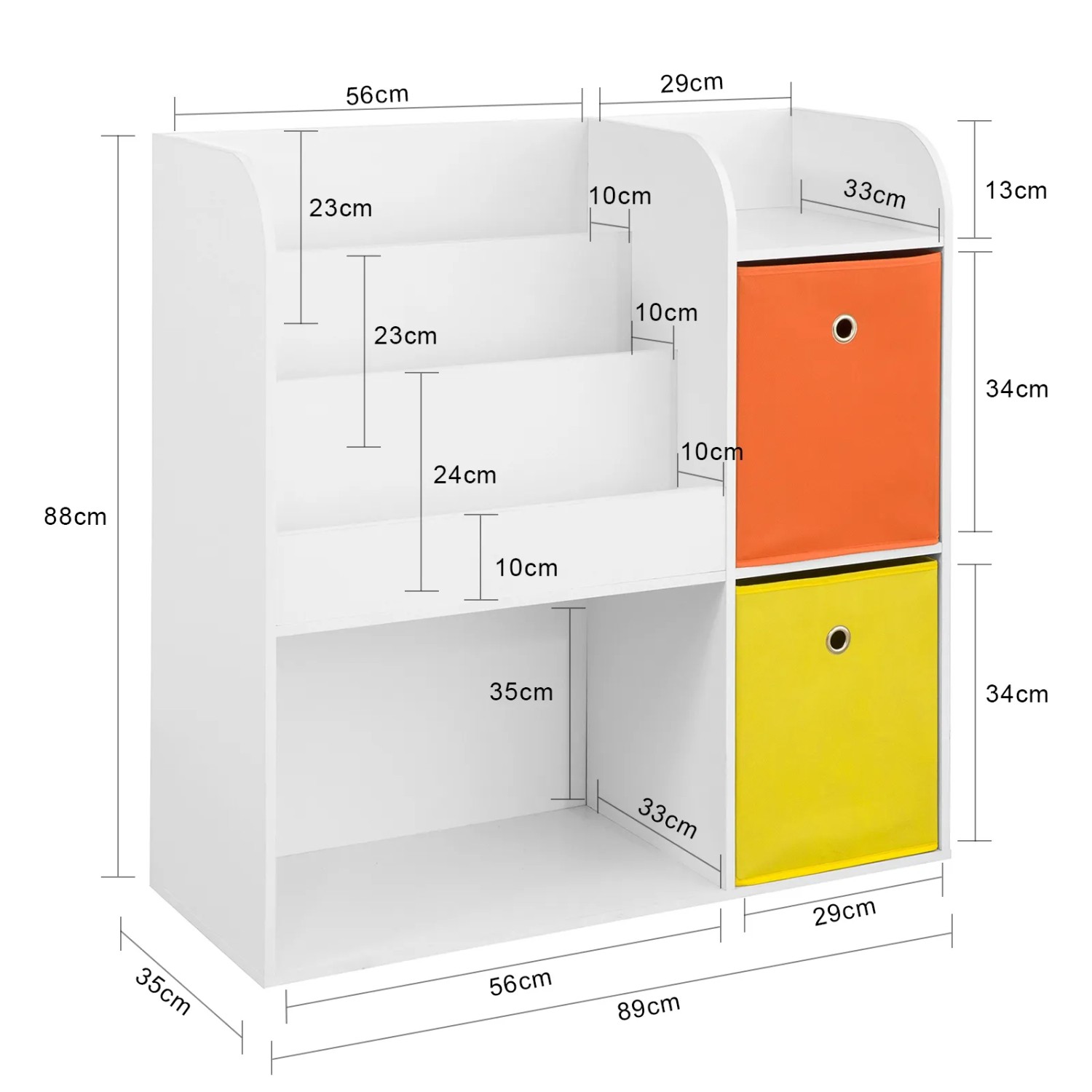 Weißes Kinder Bücherregal mit 5 Fächern und bunten Aufbewahrungsboxen. Ideal als Spielzeugregal.