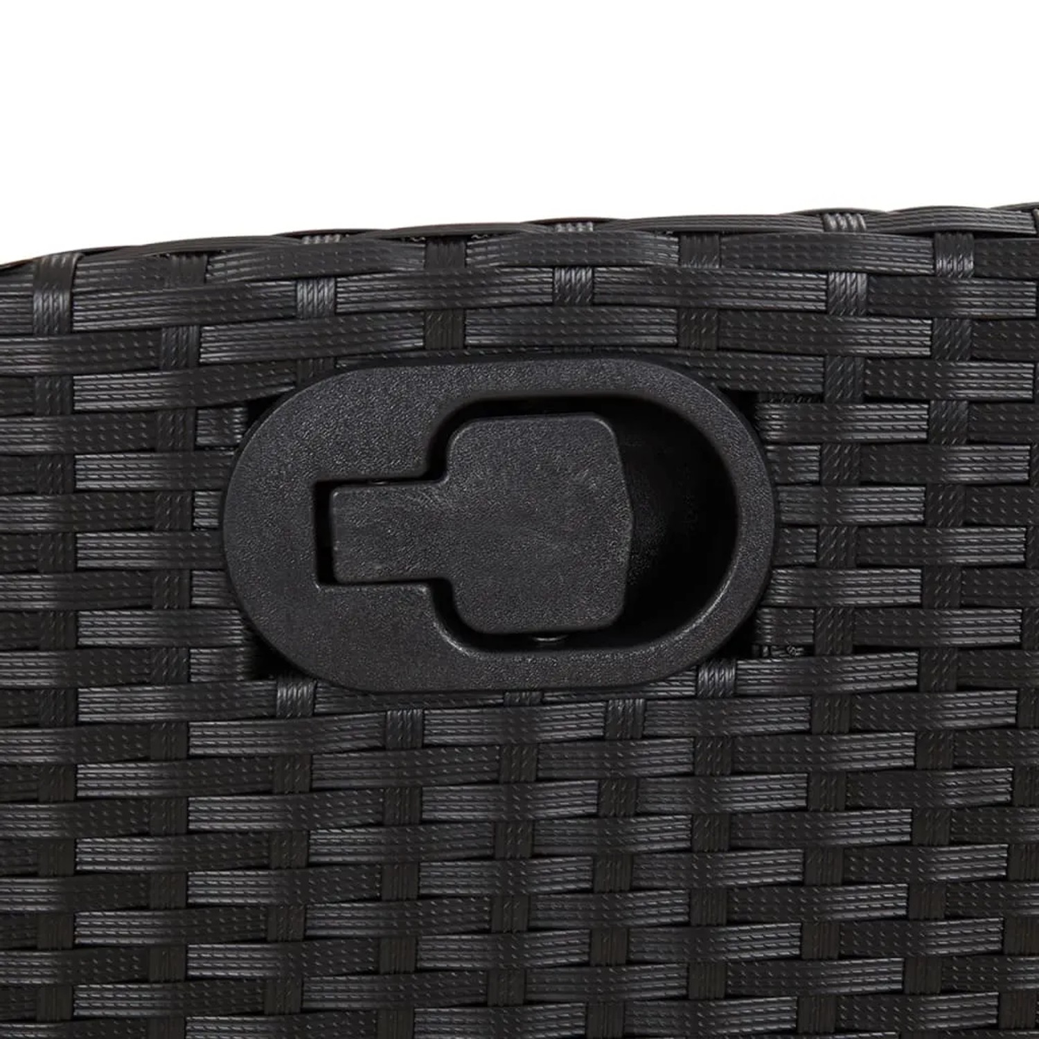 Detailaufnahme: Verstellmechanismus des schwarzen Poly Rattan Gartenstuhls der vidaXL Essgruppe.