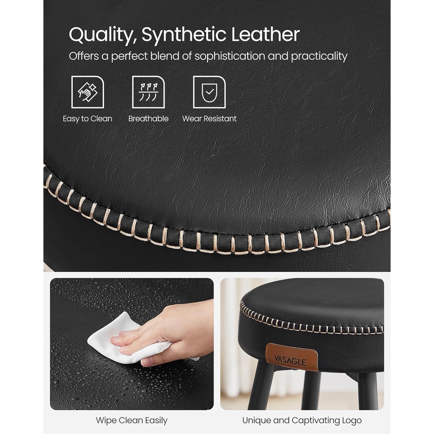 Detailansicht: Vasagle Barhocker 2er-Set, schwarzes Kunstleder, leicht zu reinigen, atmungsaktiv und strapazierfähig.