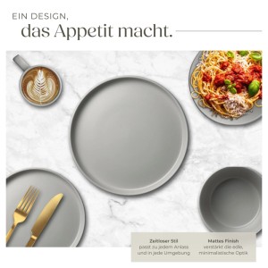 Tectake Kombiservice Una, 26-teilig, grau. Geschirr-Set mit Tellern, Schüsseln und Tassen für 6 Personen.