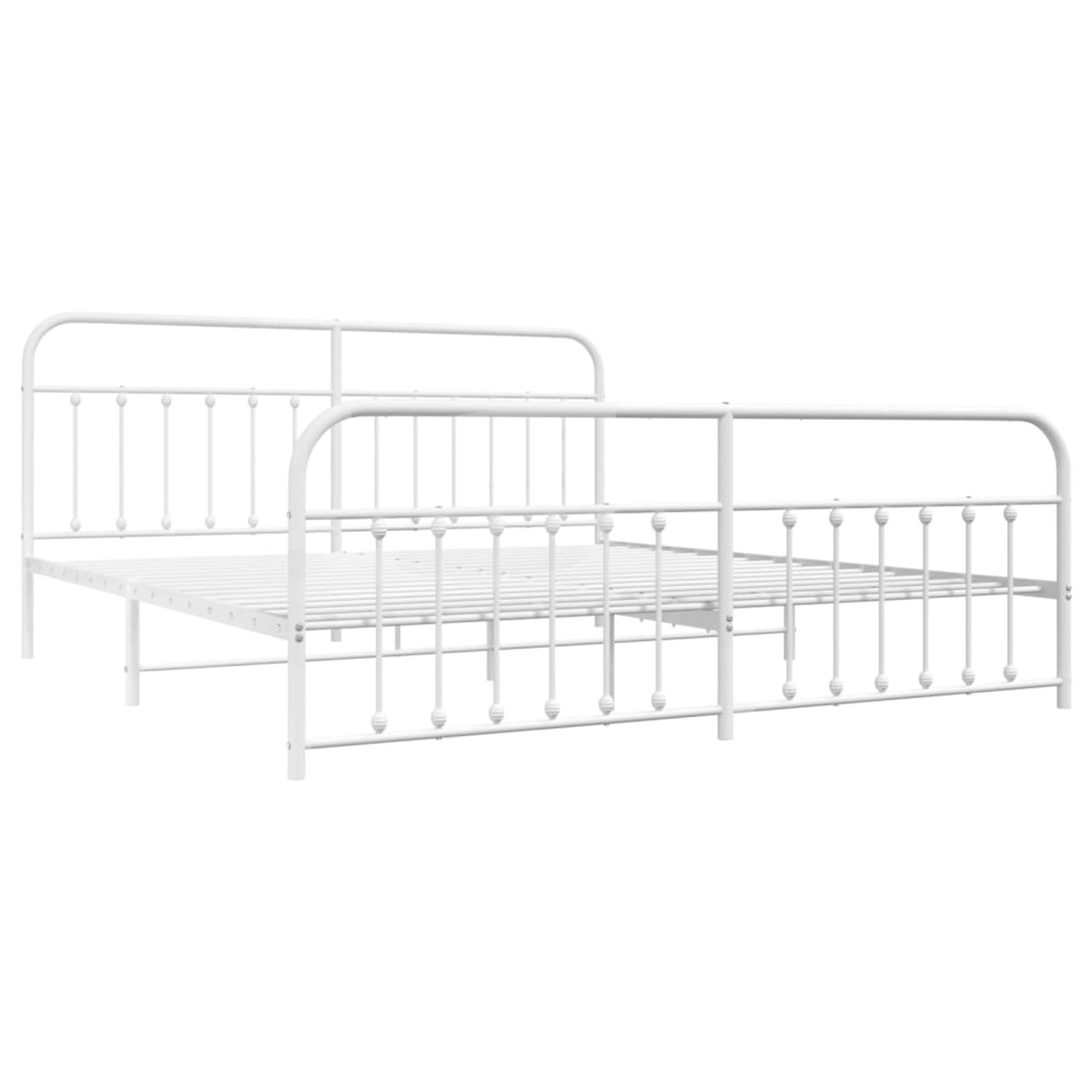Weißes Metall Bettgestell mit Kopf- und Fußteil, 193x203 cm, für Schlafzimmer.
