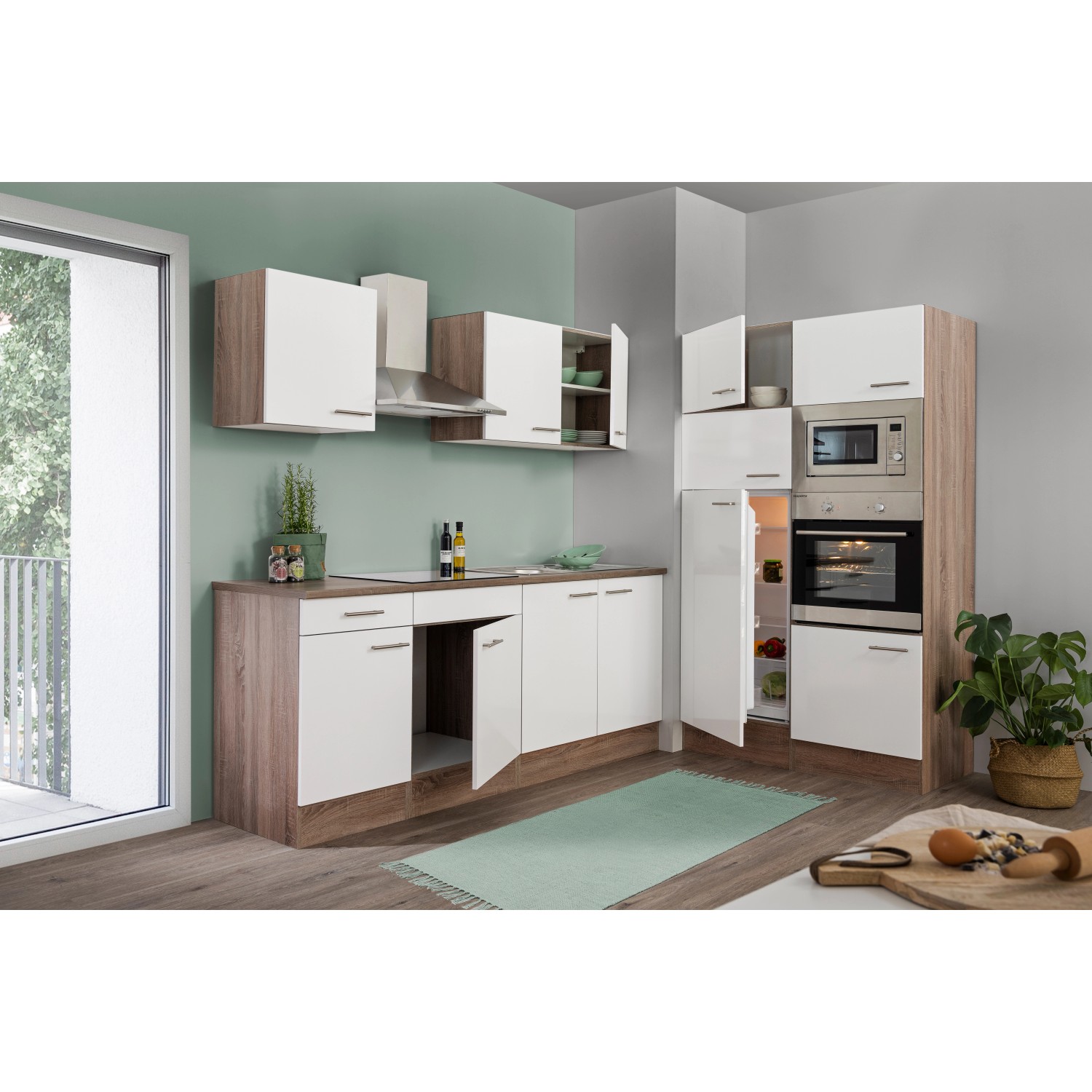 Respekta Küchenzeile 330cm in Weiß Seidenglanz und Eiche York Optik mit E-Geräten.