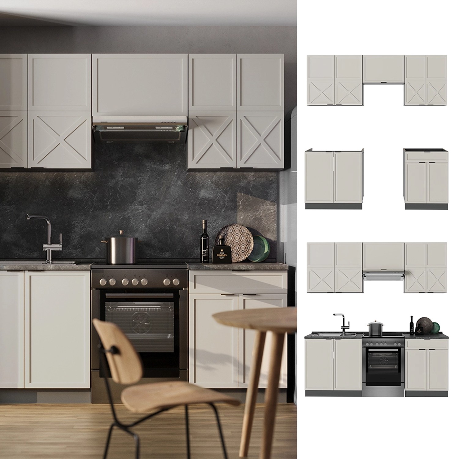 Vicco Fame-Line Küchenzeile in GrauBeige/Anthrazit mit Marmor Arbeitsplatte, 200 cm breit.