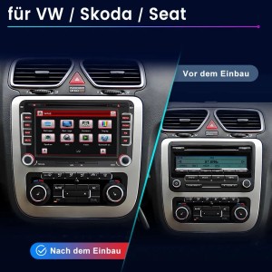 Junsun Autoradio für VW Golf 5 6 PLUS Touran. Vorher-Nachher-Bild zeigt modernes Touchscreen-Display im Armaturenbrett.