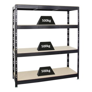 Schwarzes PROREGAL Schwerlastregal Rhino mit 4 Spanplatten-Ebenen, Fachlast 500 kg.