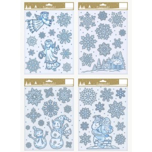 Weihnachtliche Fensterbilder, sortiert in Silber/Blau mit Glitter, Motive: Engel, Schneeflocken, Schneemann, Weihnachtsmann.
