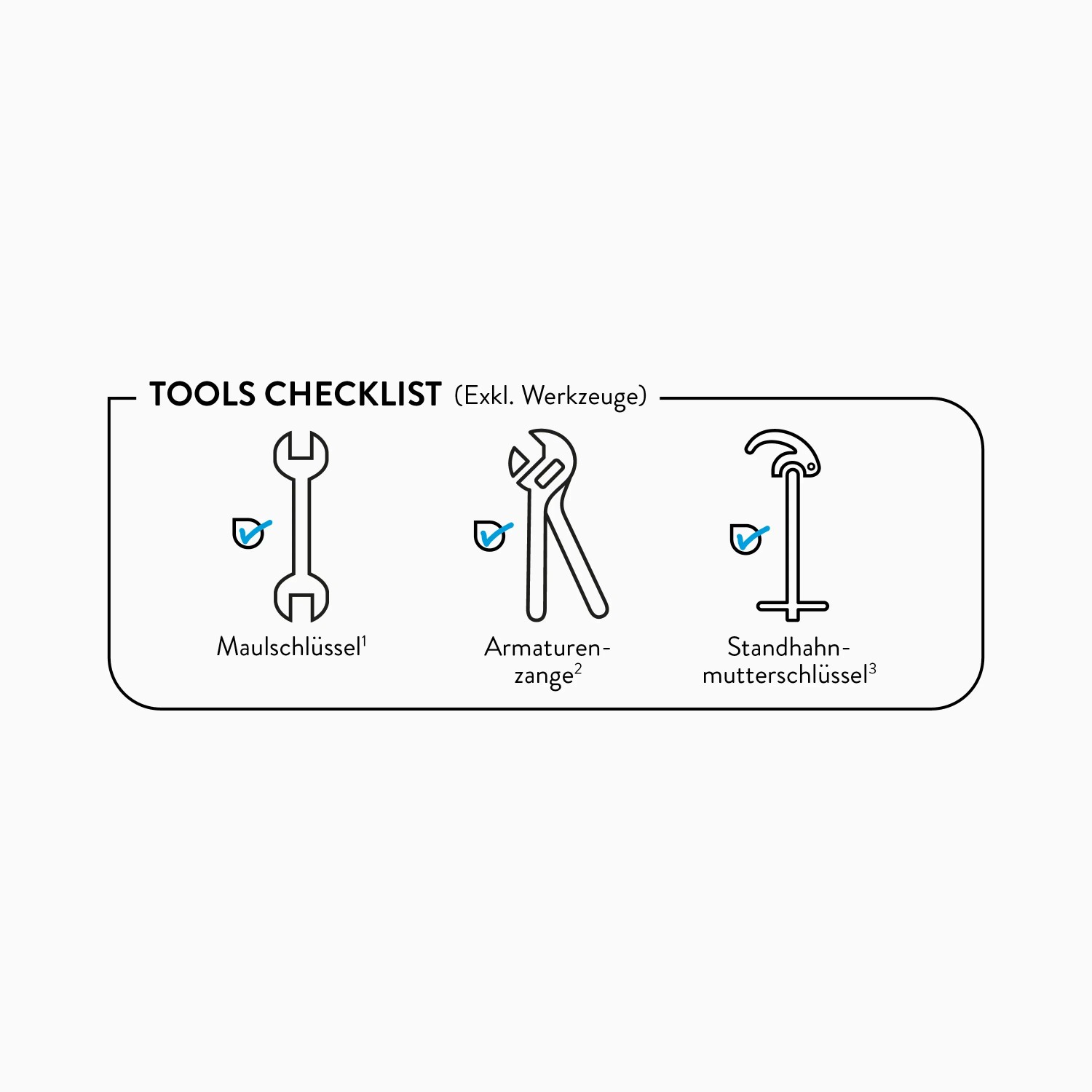 Checkliste Werkzeuge (exkl. Werkzeuge) für die Installation der Waschbeckenarmatur.