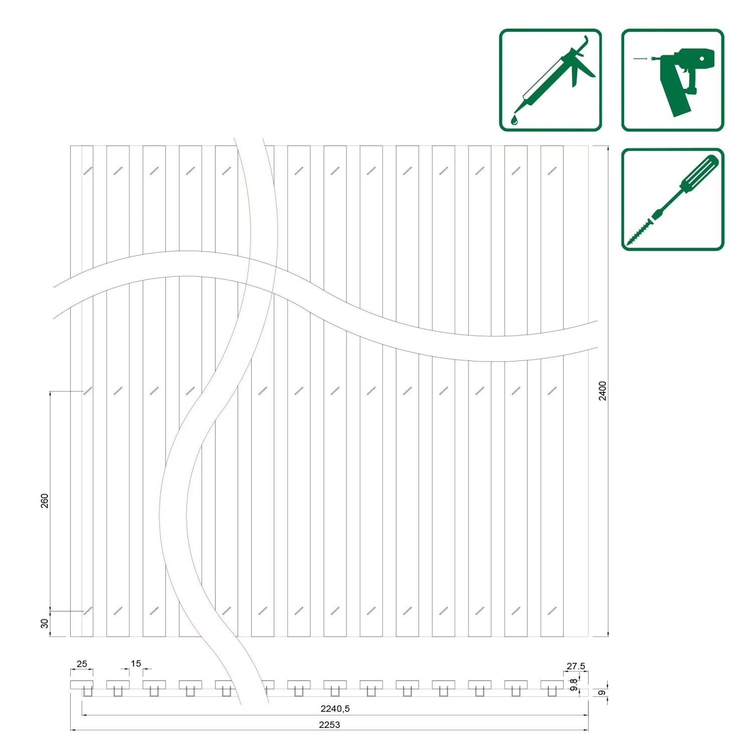 Technische Zeichnung der FN Acustico Akustikplatte (2.253x19x2.400 mm) mit Maßen.
