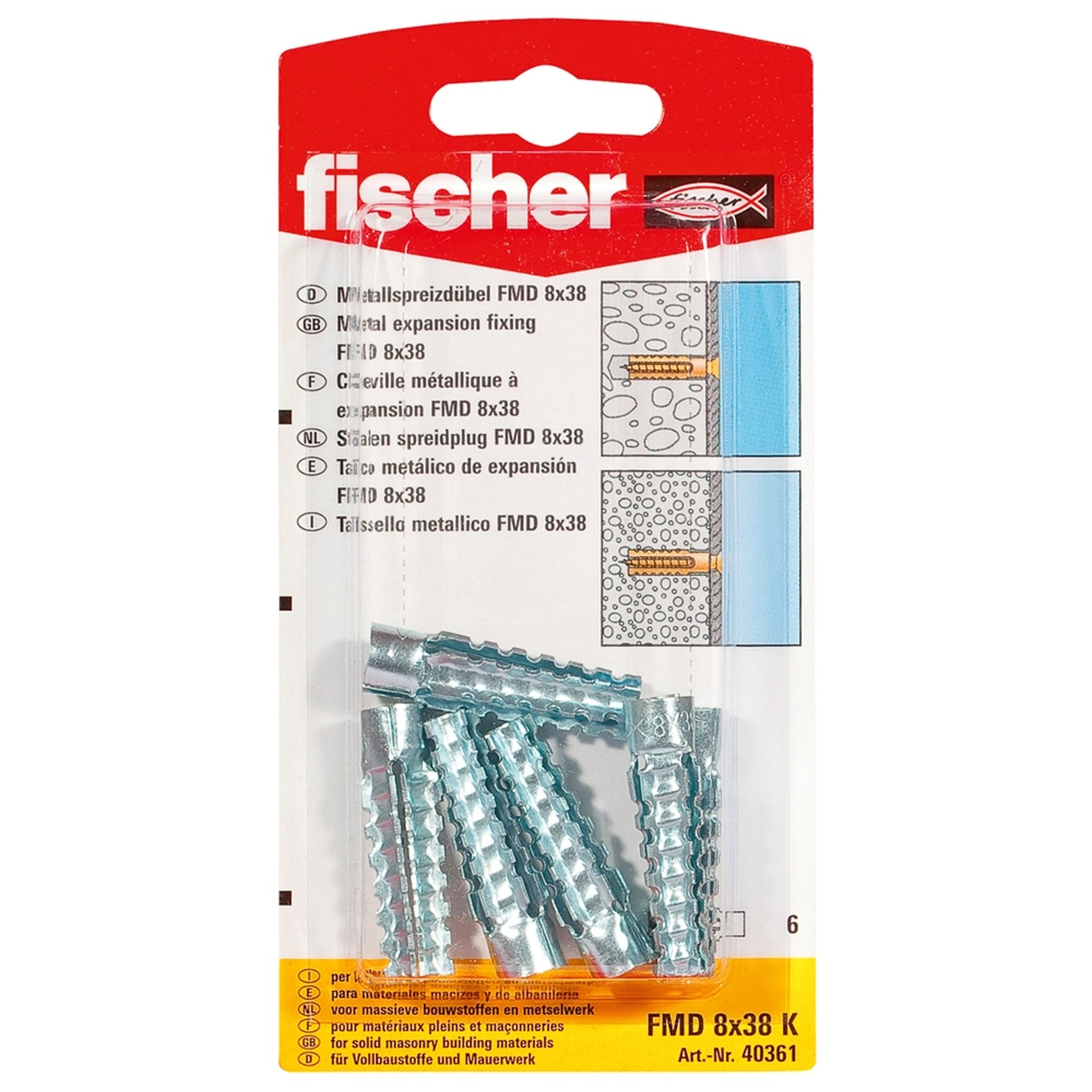Fischer Metallspreizdübel FMD 8x38 K, 6 Stück, für hohe Tragkraft in Beton und Stein.