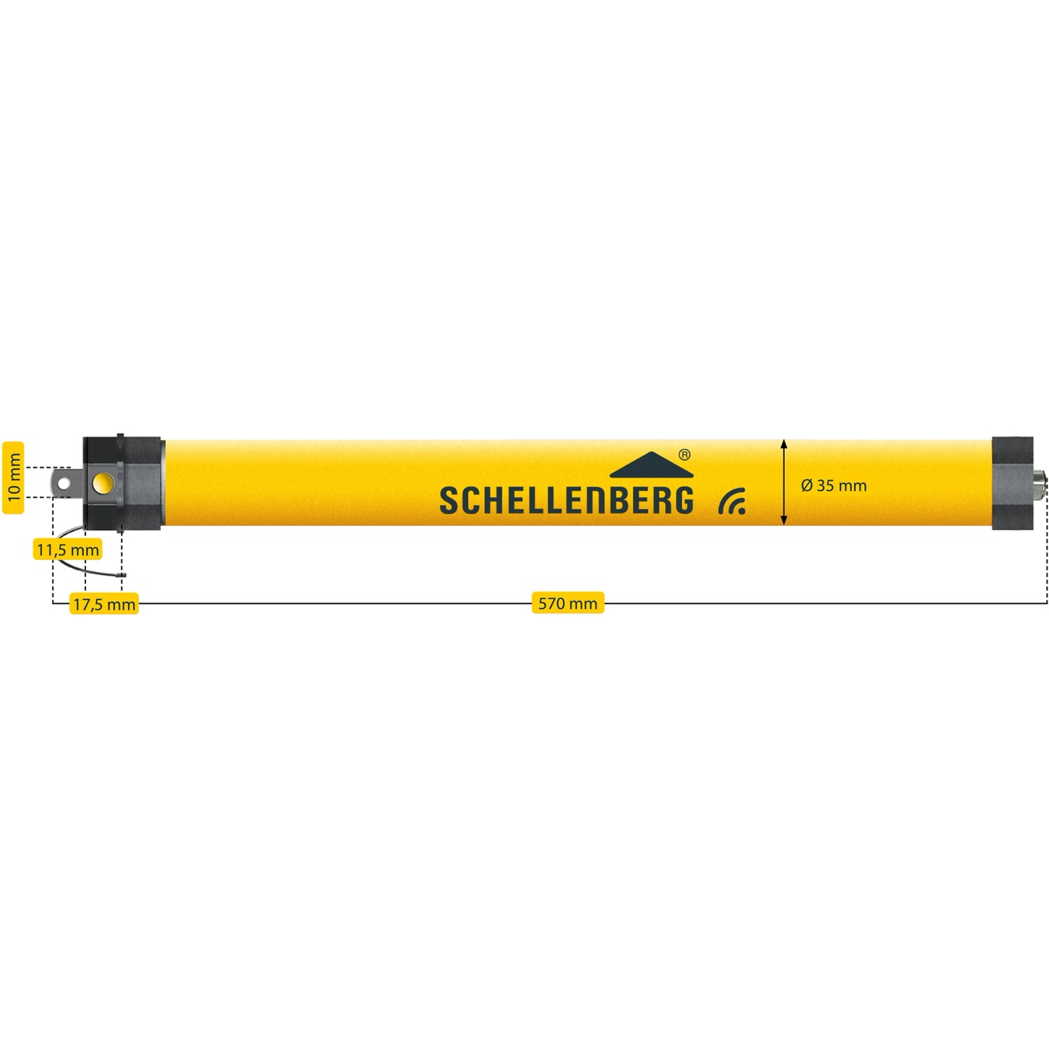 Schellenberg Funk-Rolladenmotor Mini Premium 6 Nm, gelber Rohrmotor mit Maßangaben.