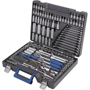 LUX Steckschlüsselkasten, 216-teilig, mit Knarren, Nüssen, Bits und Schraubenschlüsseln im Koffer.
