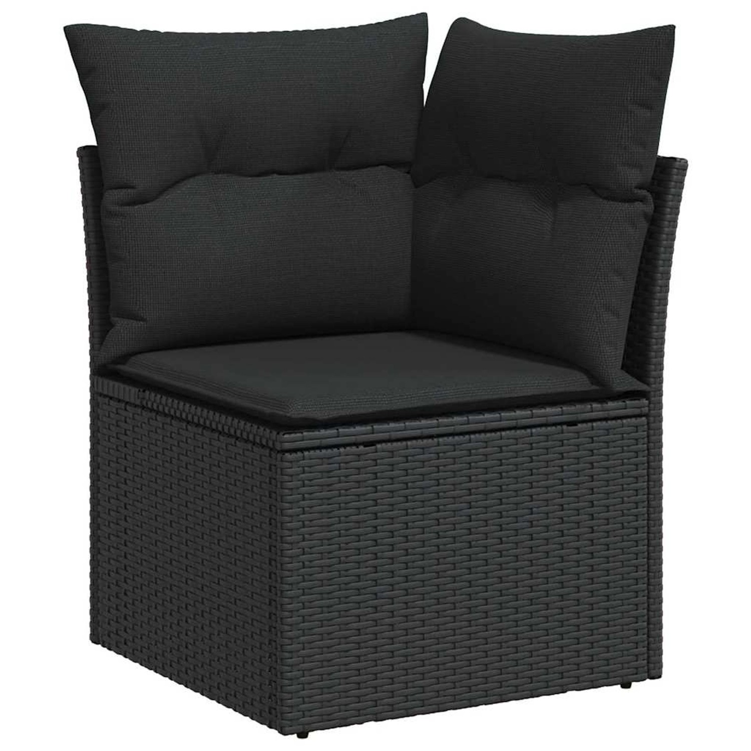 Schwarzes vidaXL Garten-Sofa-Set Eckteil aus Poly Rattan mit Kissen.