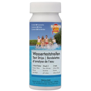 Summer Fun Pooltester: Dose mit 50 Wasserteststreifen zur Analyse von pH-Wert, Chlor und Alkalinität.