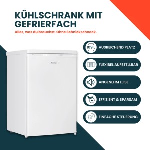 Weißer homeX Mini-Kühlschrank mit Gefrierfach, 109 Liter, freistehend.