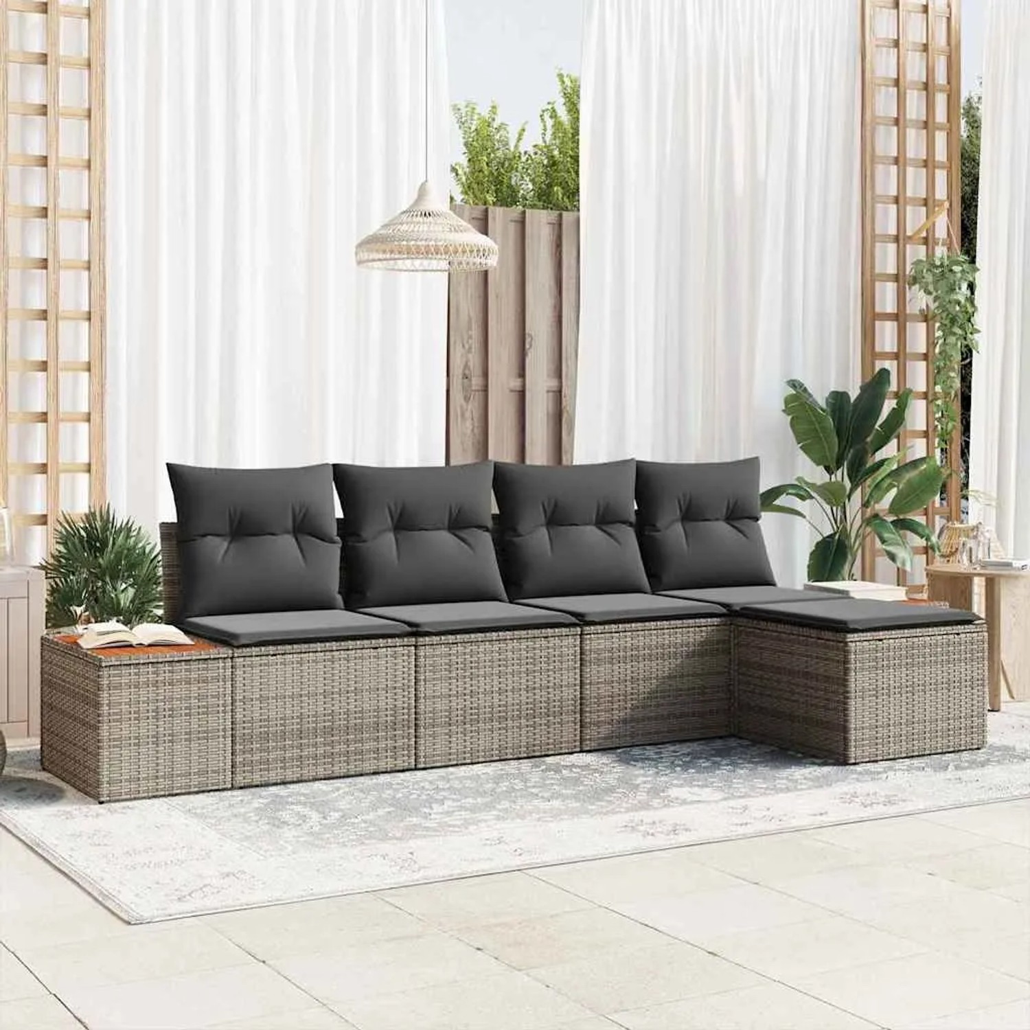 Graues 5-teiliges vidaXL Garten-Sofa-Set aus Poly Rattan mit Kissen.