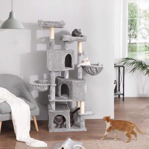 Grauer Feandrea Kratzbaum mit 3 Höhlen, Liegemulden und Aussichtsplattformen für Katzen.