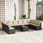 Schwarzes 11-teiliges vidaXL Garten-Sofa-Set aus Poly Rattan mit beigen Kissen und Tisch.