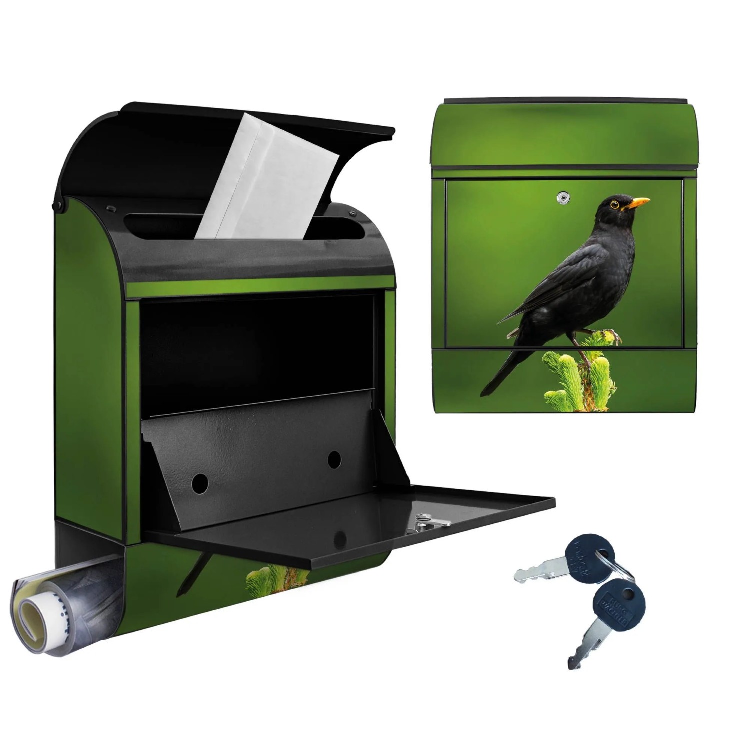 Banjado Design Briefkasten Schwarz Pulverbeschichtet 39x47x14cm 2 Schlüssel Mit Zeitungsfach Motiv Vogel Auf Tannenzweig_5