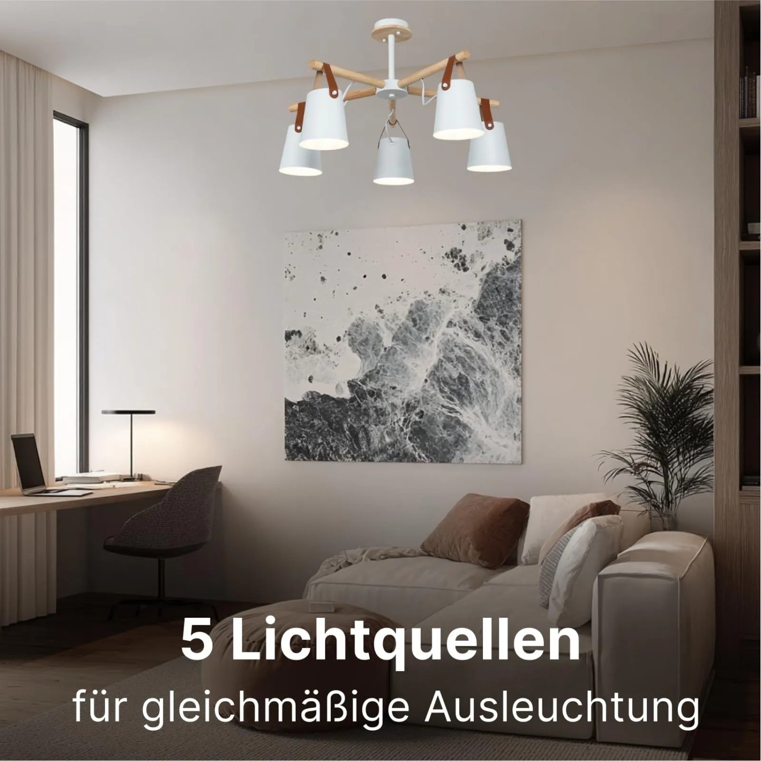 Moderne ARTE LAMP LED Deckenleuchte im Wohnzimmer mit 5 Leuchten und Holzdetails.
