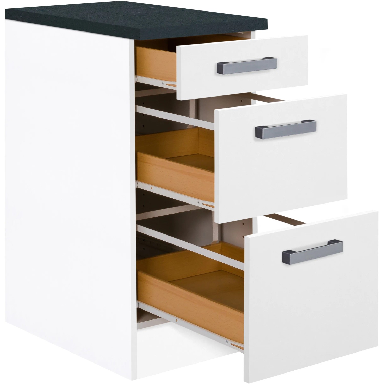 Optifit Unterschrank Salo214, 40 cm breit, mit 3 Auszügen, weiß und anthrazitfarbener Arbeitsplatte.