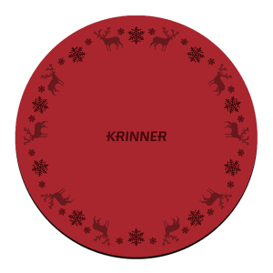 Rote Krinner Weihnachtsbaum-Unterlegdecke (Ø 60 cm) mit Hirsch- und Schneeflockenmuster.