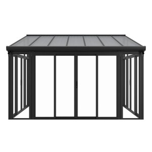 Dunkelgrauer Juskys Wintergarten mit Acrylverglasung und Schiebetüren, Gesamtansicht.