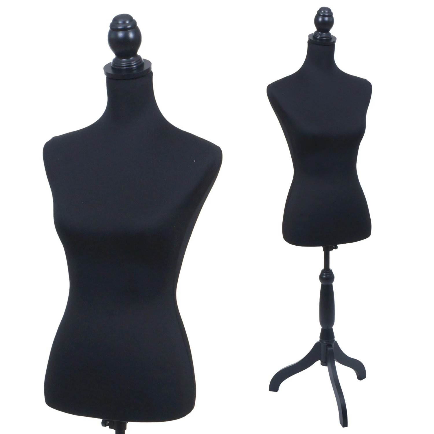 Schwarze weibliche Schneiderpuppe Q24 mit Schaumstofftorso, abnehmbarem Bezug und höhenverstellbarem Holzständer.