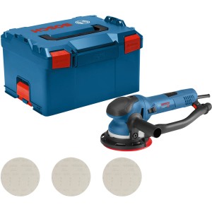 Bosch Professional Exzenterschleifer GET 75-150 mit L-Boxx und Schleifscheiben.