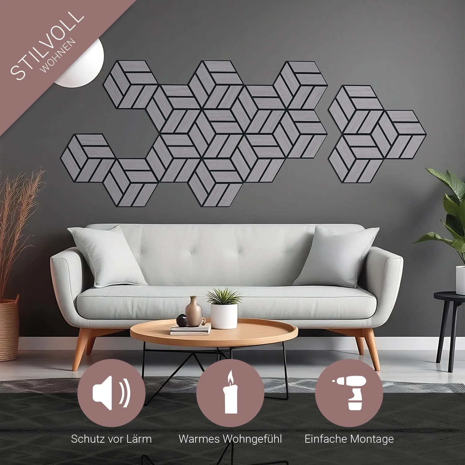 Graue Homestyle4u Akustikpaneele in Hexagon-Form als Wanddekoration im Wohnzimmer.