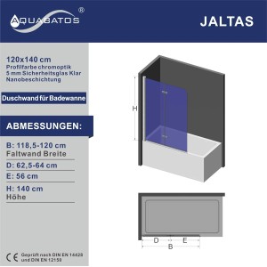 Aquabatos Badewannenfaltwand 120x140 cm, 2-teilig, aus ESG Sicherheitsglas. Badewannenaufsatz für entspanntes Duschen.
