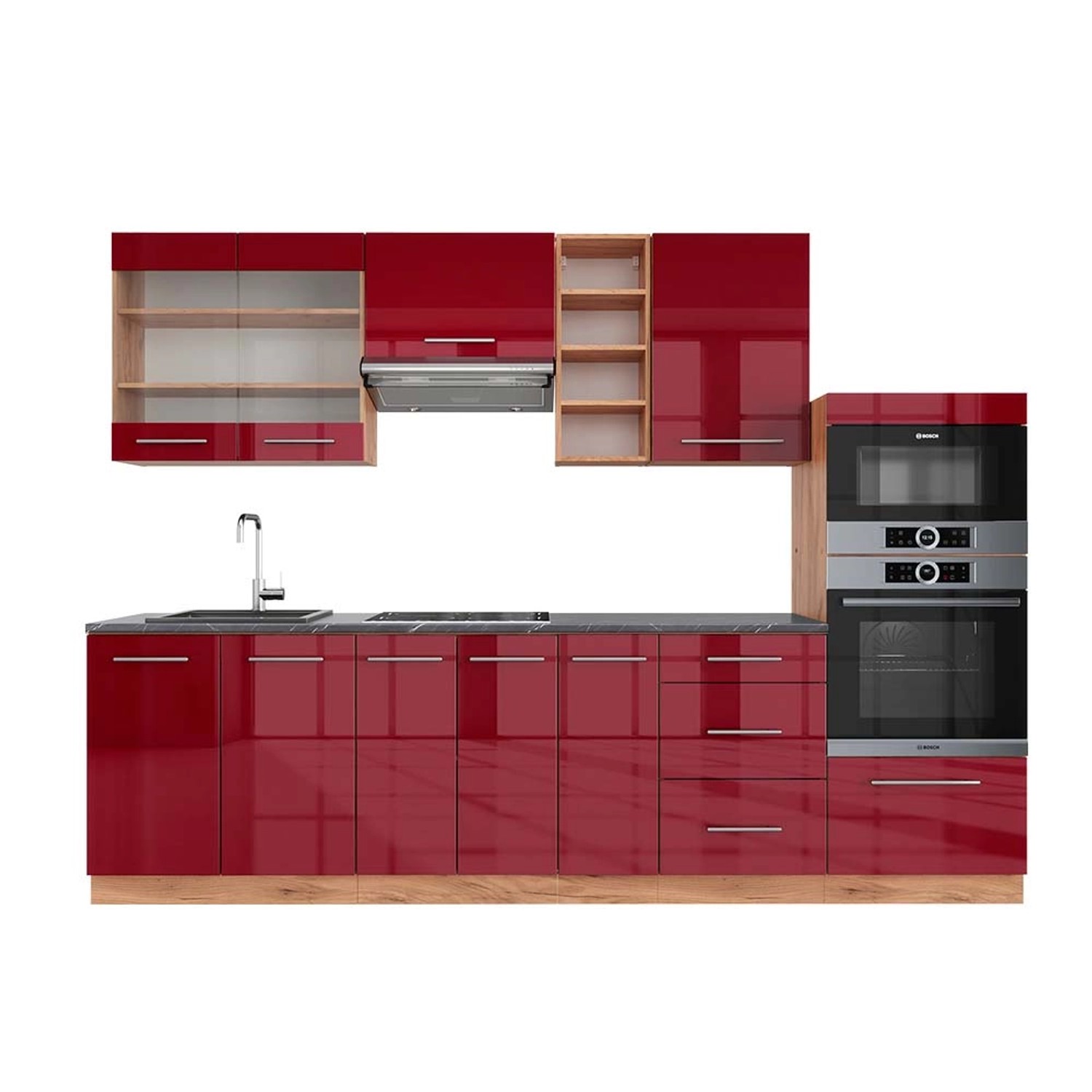 Vicco Fame-Line Küchenzeile Bordeaux Hochglanz/Goldkraft Eiche 280 cm AP An günstig online kaufen