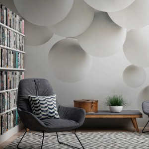 PROFHOME Fototapete mit 3D-Kugel Design in Weiß und Grau für Wohnräume.