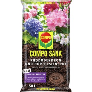 Compo Sana Rhododendronerde, 50L Sack mit Abbildung von Rhododendron, Hortensie, Azalee, Erika und Kamelie.