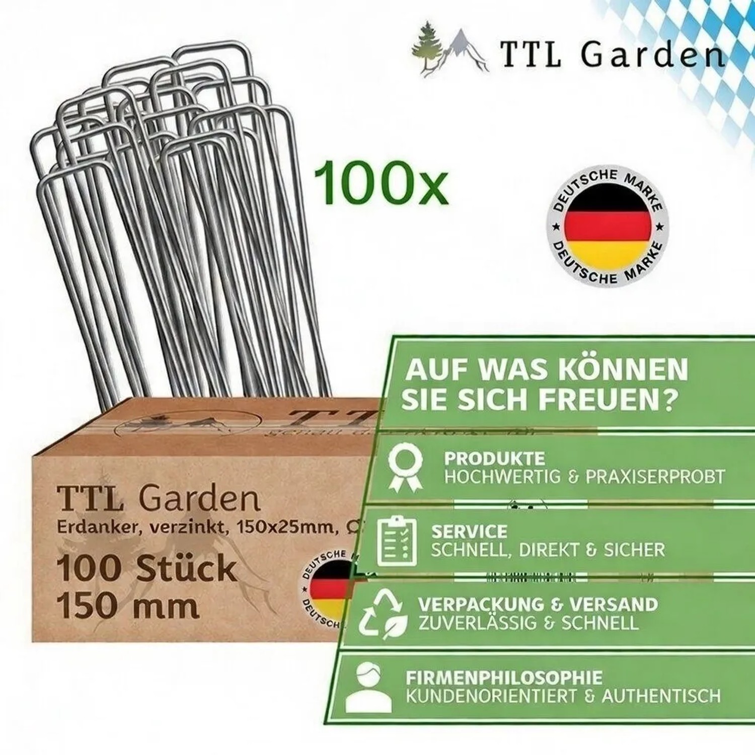 100 U-förmige, verzinkte TTL GARDEN Erdanker aus Stahl, 150 mm lang, in braunem Karton für Garten & Camping.