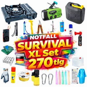JUNG BLACKOUTPro Notfall Survival Kit 270 tlg. für Blackout & Outdoor. Zeigt Gaskocher, Radio, Wasserkanister, Werkzeuge.