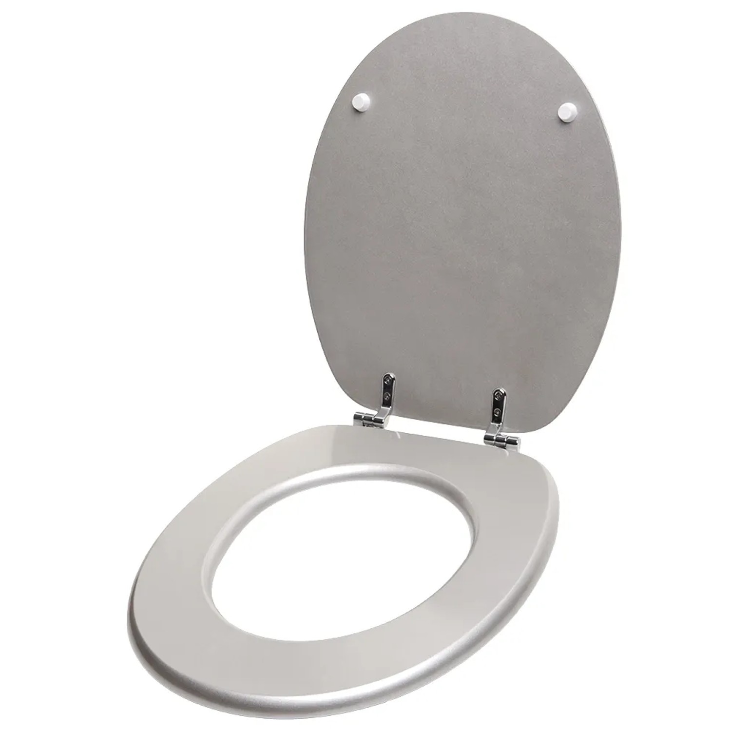 Sanilo WC-Sitz Glitzer Silber, Toilettendeckel aus Holz, geöffnet.