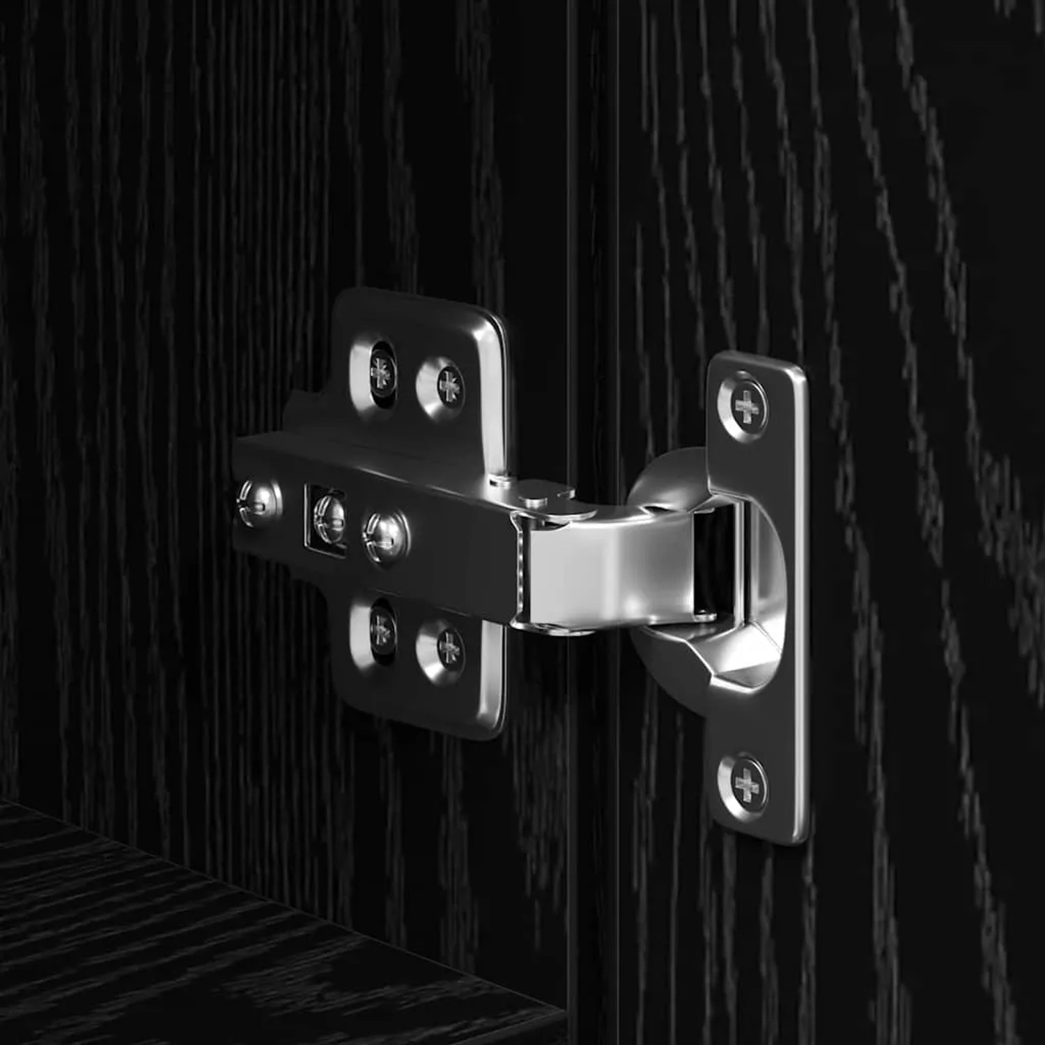 Detailaufnahme: Scharnier an vidaXL Highboard in Schwarz Eichen-Optik.