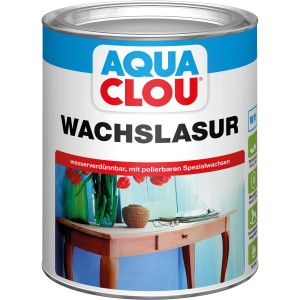 Dose Aqua Clou Wachslasur Weiß 750ml für Holz, mit Abbildung eines Tisches.