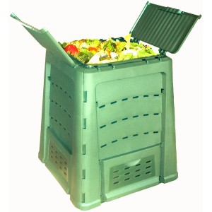 Grüner Remaplan Komposter Thermoquick Express 330 l mit geöffnetem Deckel und Gartenabfällen.