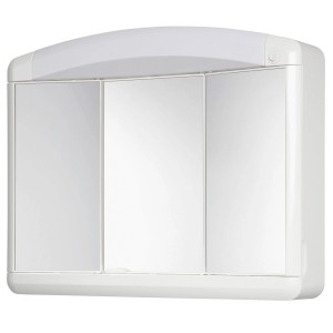 Weißer Jokey Spiegelschrank, 65 cm breit, mit drei Spiegeltüren und integrierter Beleuchtung.