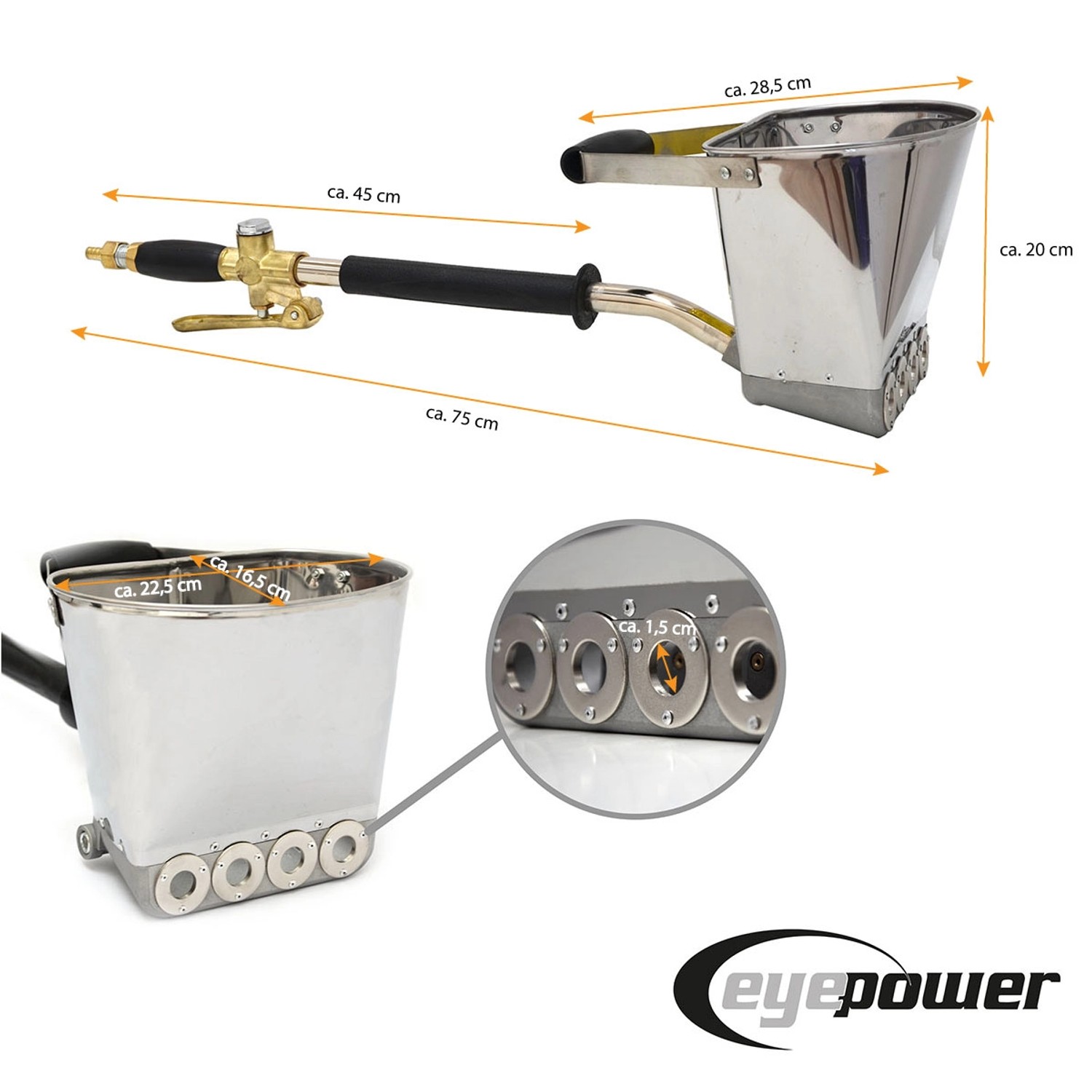 eyepower Putzwerfer: Silberne Putzpistole mit 4 Düsen für Wände, ideal für Baumaschinen.