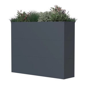 Westmann Pflanzkübel Talus XL, 25x100x77 cm, Anthrazit, bepflanzt mit diversen Pflanzen.