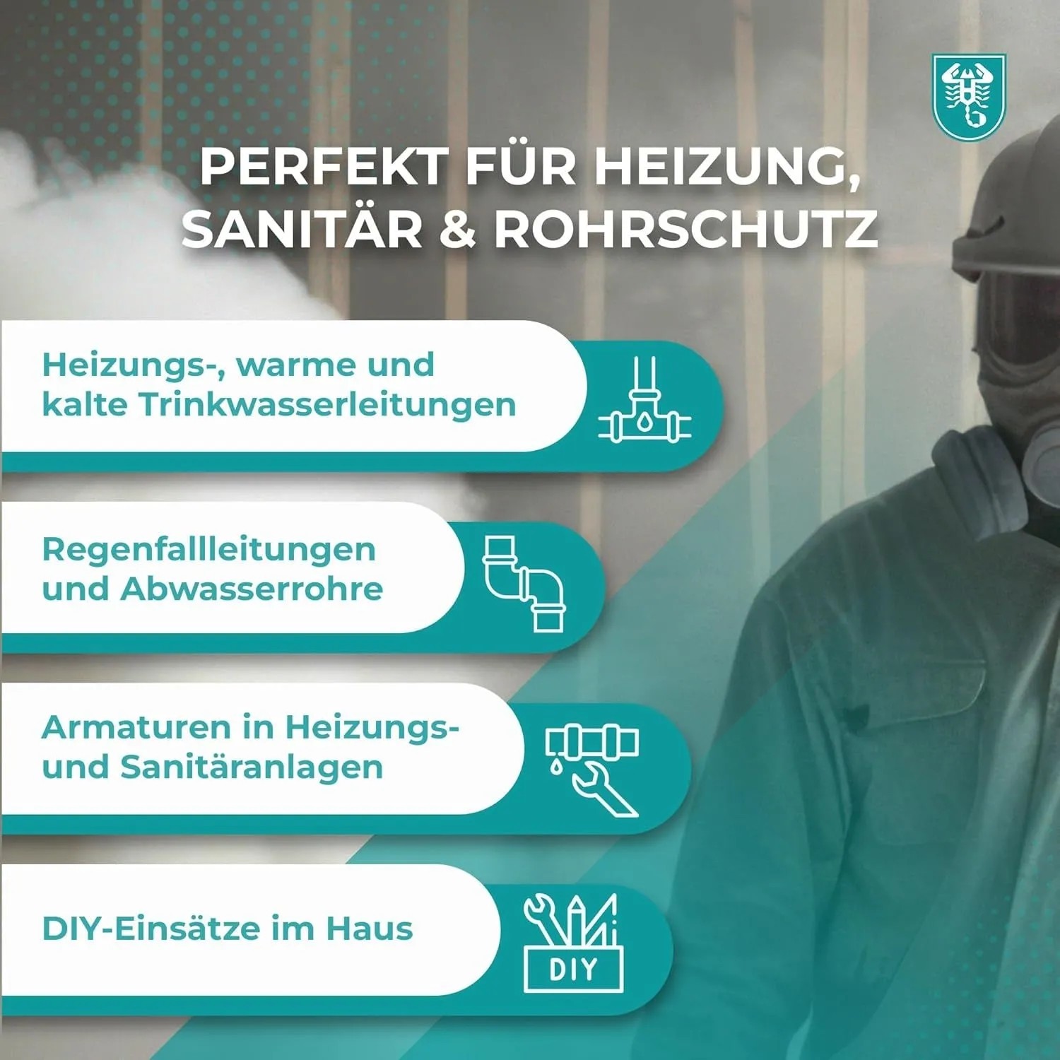 Anwendungsbereiche der Scorprotect Rohrisolierung für Heizung, Sanitär und Rohrschutz.
