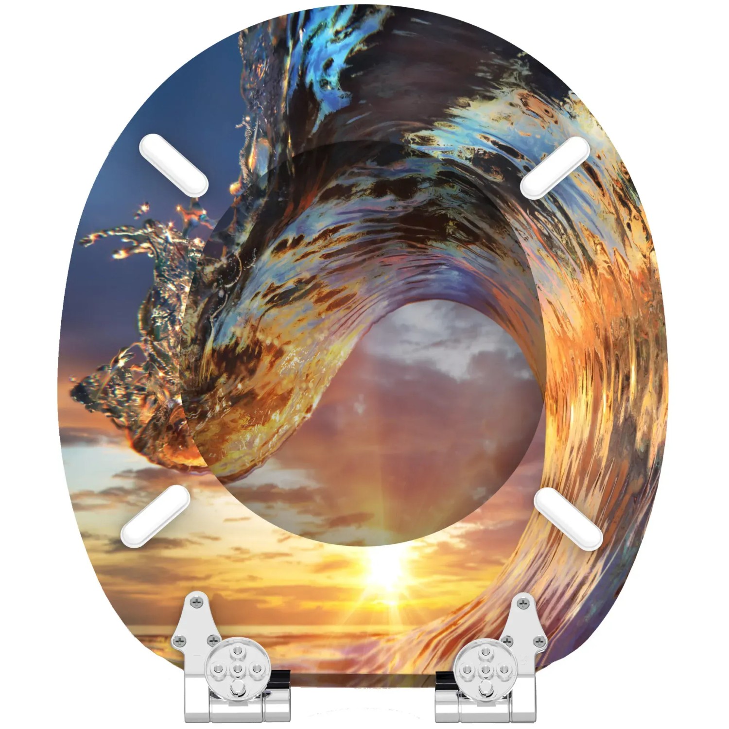 Sanilo WC-Sitz Wave mit Absenkautomatik, Holz, Wellen-Design mit Sonnenuntergang.