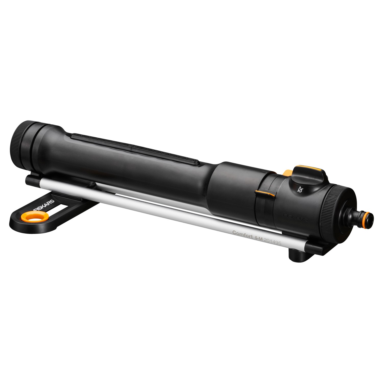 Fiskars Oszillierender Regner Comfort S-M, schwarz-orange, für die Gartenbewässerung.