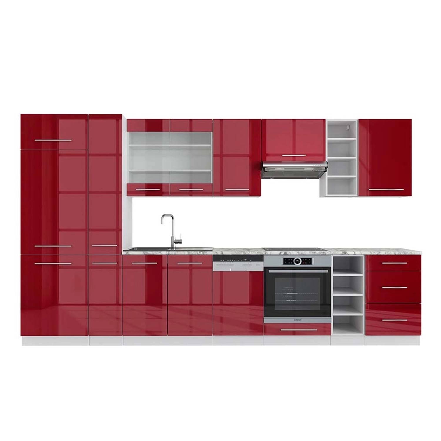 Vicco Fame-Line Küchenzeile Bordeaux Hochglanz/Weiß 355 cm AP Marmor günstig online kaufen